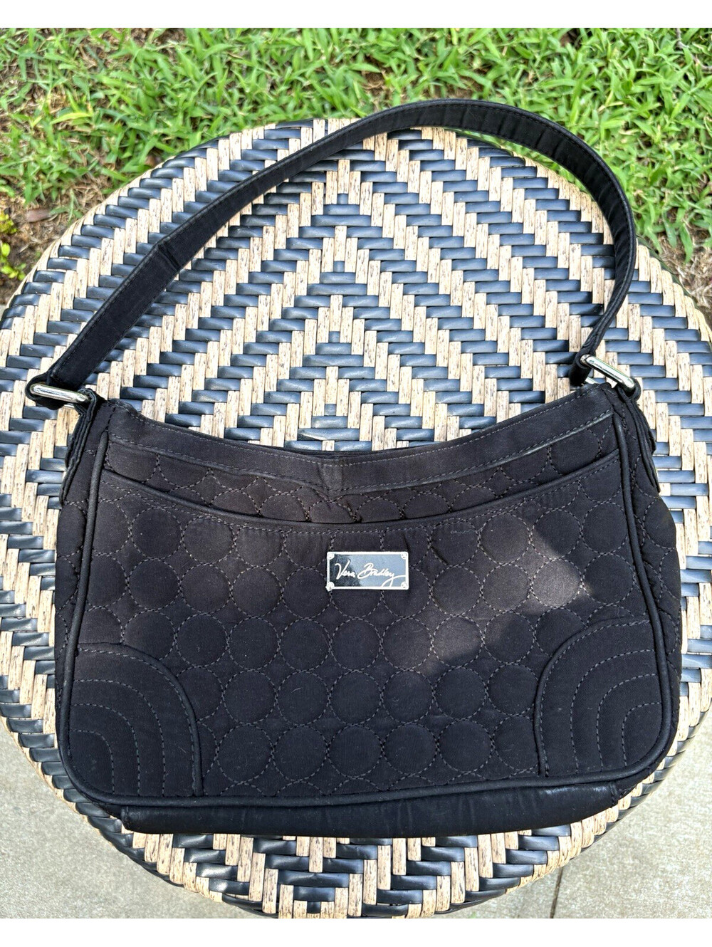 Vera Bradley Black Shoulder Bag Zip Top Silver Hardware Lined Inner Pockets